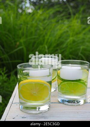 Hausgemachtes Repellent auf weißem Holztisch im Garten aus Limetten, Zitronen, Teelichtkerzen, Rosmarin ätherisches Öl und Wasser. Stockfoto
