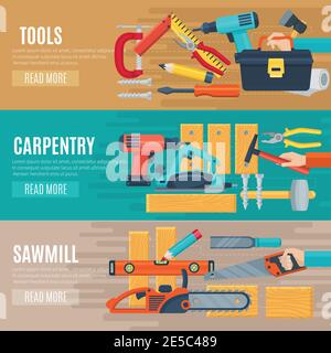 Horizontale Schreinerei flache Banner Satz von Holzarbeiter Werkzeuge Kit und Vektorgrafik Sägewerk Stock Vektor