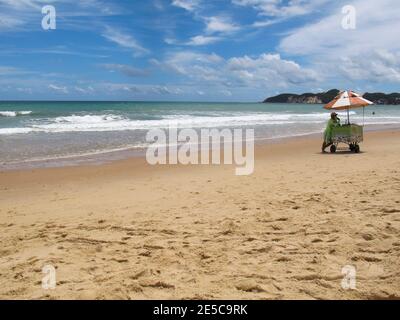 Natal, Rio Grande do Norte, Brasilien - 18. Januar 2021: Straßenhändler Werke bietet seine verschiedenen Produkte auf dem Sand des Ponta Negra Strand in Natal, Ri Stockfoto