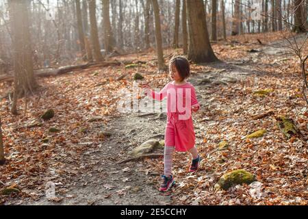 Ein kleines Mädchen geht im Herbst einen grünen Weg hinunter Gefundener Schatz wird gehalten Stockfoto