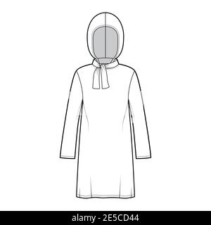 Modest Hijab Tunika technische Mode Illustration mit Krawatte, lange Ärmel, überdimensional, unter-die-Knie-Länge, Kapuze. Flatshirt Bekleidung top Schablone vorne, weiß. Frauen Männer Unisex CAD mockup Stock Vektor