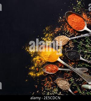 Verschiedene Gewürze und Kräuter auf Löffeln auf schwarzem Hintergrund Mit Kopierbereich Stockfoto