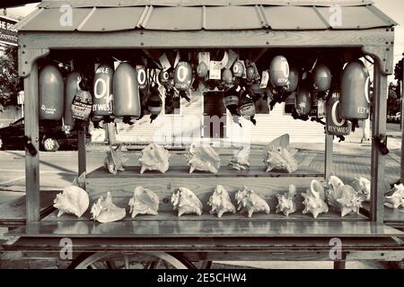 Souvenirwagen Verkauf Muschelschalen in Key West, Florida, FL USA. Südlichster Punkt in den kontinentalen USA. Urlaubsziel der Insel. Stockfoto