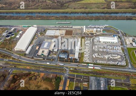 Luftbild Hafenstraße mit Lanfer Logistik und Verlade-Terminal auf dem ehemaligen Hugo-Schneider-Gelände, Hamm, Ruhrgebiet, Nordrhein-Westfalen, Deutsc Stockfoto