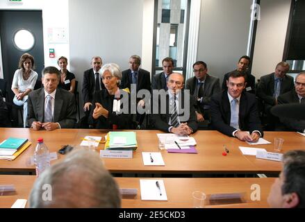 Die Ministerin für Wirtschaft, Industrie und Beschäftigung, Christine Lagarde, nahm an einer Pressekonferenz Teil, nachdem sie am 15. Oktober 2008 am Runden Tisch mit Managern kleiner und mittlerer Unternehmen am Regionalhauptsitz von Oseo in Lyon, Frankreich, teilgenommen hatte. Fotos von Vincent Dargent/ABACAPRESS.COM Stockfoto