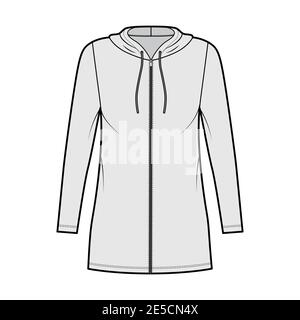 Hoodie Zip-up-Kleid technische Mode Illustration mit langen Ärmeln, Mini-Länge, übergroßen Körper, Bleistift Fülle. Flache Bekleidungsvorlage vorne, grau. Frauen, Männer, Unisex CAD Mockup Stock Vektor