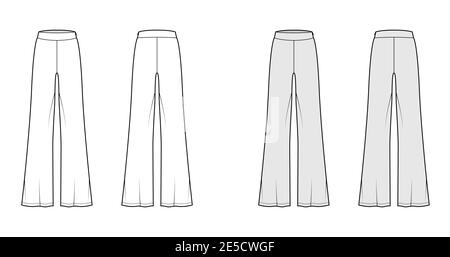 Hose Boot Cut technische Mode Illustration mit bodenlange, übergroße Silhouette, seitlichen Reißverschluss. Flach Sport Schlafanzug unten Schablone vorne, hinten, weiß grau Farbe Stil. Frauen, Männer, Unisex CAD Mockup Stock Vektor