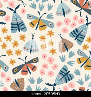 Nahtloses Blumenmuster. Handgezeichnete bunte Blumen mit fliegenden Schmetterlingen und Motte. Flaches modernes Kinderdesign für Textil, Stoff, Geschenkpapier Stock Vektor