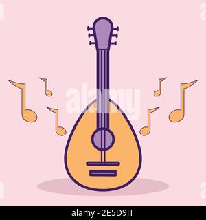 Gitarre und Noten auf einem rosa Hintergrund Stock Vektor