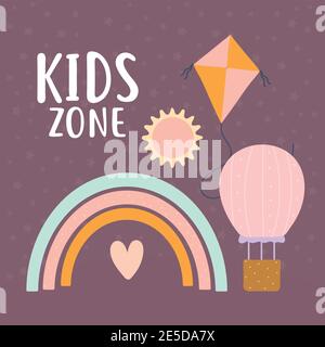 Kinder Zone Schriftzug und Satz von niedlichen Symbolen Stock Vektor