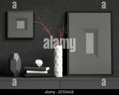 Zwei schwarze imitierte Plakatrahmen auf dunkler Gipswand mit weißer Keramikvase mit Ästen, Büchern und geometrischen Töpfen; stilvolle Bilderrahmen Stockfoto