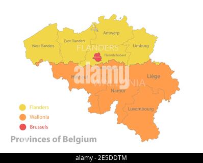 Belgien Karte, Provinzen von Belgien, trennt Regionen und Namen, Farbkarte isoliert auf weißem Hintergrund Vektor Stock Vektor