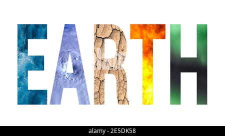 Planet Erde Text mit Feuer Erde Wasser und Luft Illustration Stockfoto