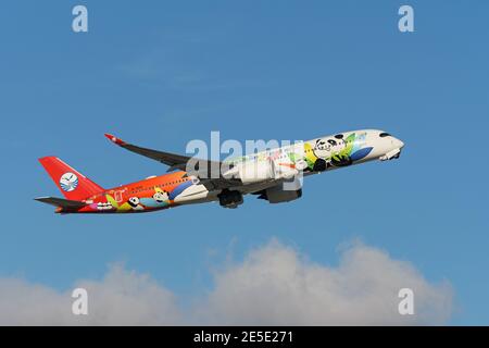 Ein Sichuan Airlines Airbus A350-900 Jetliner (B-301D) in spezieller Panda-Lackierung, nach Abflug vom Vancouver International Airport in der Luft. Stockfoto