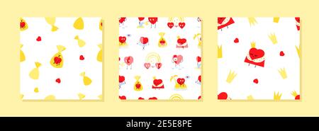 Satz von nahtlosen Vektormustern. Endlose Textur. Helle positive romantische Druck, Hintergrund, Tapete mit rot lächelnden Herzen. Liebe und Freundschaft Stock Vektor