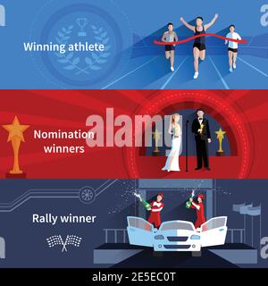 Sport und Nominierung Gewinner horizontale Banner mit Rallye und gesetzt Athleten flach isoliert Vektor-Illustration Stock Vektor