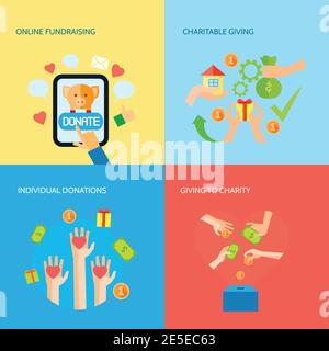 Geldbeschaffung und Spende online 4 flache Symbole quadratische Zusammensetzung Karitative Organisation Banner abstrakt Vektor isoliert Illustration Stock Vektor