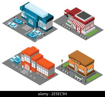 Blick auf die Straße des Vintage-Marktladens mit einem modernen Supermarkt-Einkaufszentrum Isometrische Symbole setzen abstrakte isolierte Vektordarstellung Stock Vektor