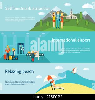 Touristen am internationalen Flughafen und entspannen am Strand flach Horizontale Banner setzen abstrakte isolierte Vektor-Illustration Stock Vektor