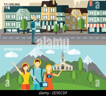 Städtische Touristen Attraktionen und historische Sehenswürdigkeiten Land Reisen zwei Wohnung Horizontale Banner setzen abstrakte isolierte Vektor-Illustration Stock Vektor