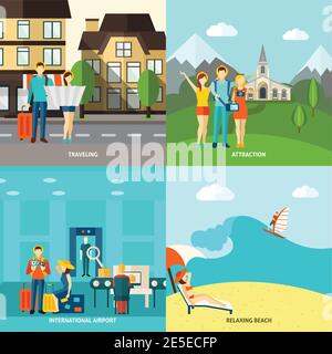 Reisen Sehenswürdigkeiten und Entspannung am Strand 4 Wohnung Symbole quadratische Komposition abstrakt isoliert Vektor Illustration Stock Vektor