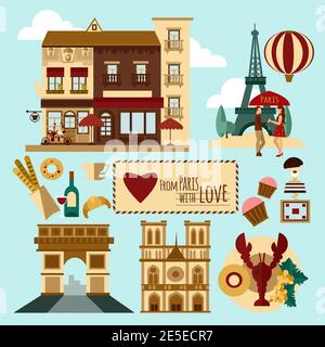 Paris touristischen Set mit Wahrzeichen und Frankreich Symbole Vektor-Illustration Stock Vektor