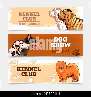 Dog Club horizontale Banner Set mit handgezeichneten Rassen isoliert vektorgrafik Stock Vektor