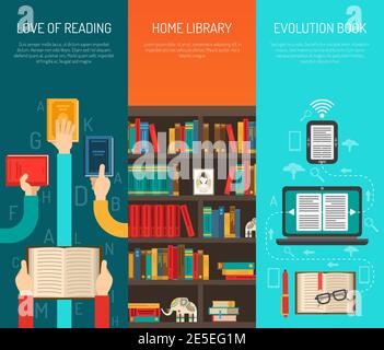 Home Bibliothek Evolution mit E-Books online lesen 3 flach lang Hände vertikale Banner setzen isolierte Vektor-Illustration Stock Vektor