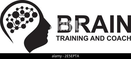 Design des Trainings- und Coaching-Logos mit Verwendung des grafischen Symbols von Gehirn des Menschen Stock Vektor