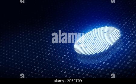 Sicherheitstechnologie der Zukunft. Fingerabdruck-Scan bietet Sicherheitszugriff mit Binärcode auf tiefblauem Hintergrund. Fingerabdruck-Sicherheitskonzept. Stockfoto