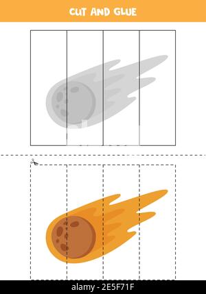 Schneiden und kleben Spiel für Kinder. Cartoon-Komet. Schneidpraxis für Vorschulkinder. Lernarbeitsblatt für Kinder. Stock Vektor