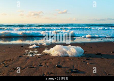 Wunderschönes Meer, Sandstrand, Meeresboden und klarer blauer Himmel bei Sonnenuntergang. Wilder Strand des Ochotsker Meeres, Insel Sachalin, Russland. Natürlicher Hintergrund. Stockfoto