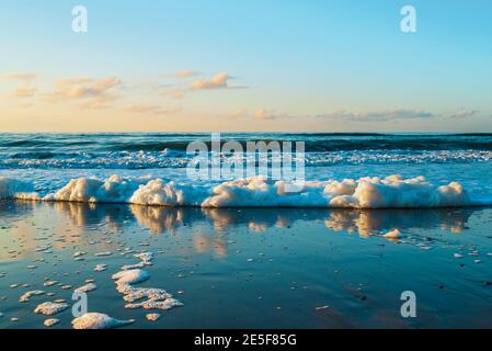 Wilder Strand des Ochotsker Meeres, Insel Sachalin, Russland. Wunderschönes Meer, Sandstrand, Meeresboden und klarer blauer Himmel bei Sonnenuntergang. Natürlicher Hintergrund. Stockfoto