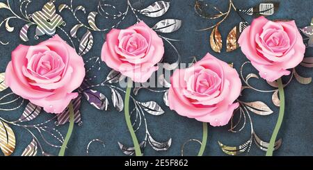 3D Fotomural Tapete Hintergrund, qualitativ hochwertige Rendering dekorative Wandbild Tapete Illustration, 3D Blume Wohnzimmer Tapete. Stockfoto