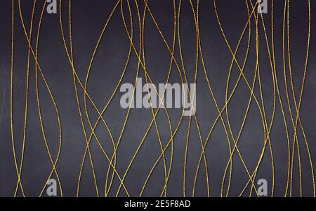 3d-Illustration, dunkelgrauer Grunge-Hintergrund, dünne vertikale gebogene goldene Linien Stockfoto