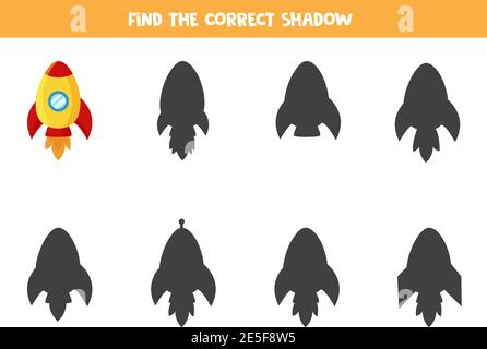 Finden Sie Schatten der Karikatur Rakete. Logisches Spiel für Kinder. Stock Vektor