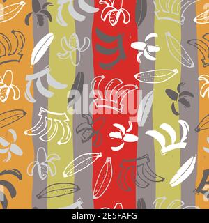 Vektor grau mit bunten Streifen Hand gezeichnet Bananen Doodle Hintergrund Muster. Perfekt für Stoff-, Scrapbooking- und Tapetenprojekte. Stock Vektor