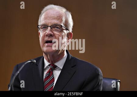 Jerry Moran, ein Republikaner aus Kansas und Vorsitzender des Senate Veterans' Affairs Committee, spricht während einer Bestätigungsverhandlung für Denis McDonough, US-Sekretär für Veterans Affairs (VA) Nominee für US-Präsident Joe Biden in Washington, DC, USA, am Mittwoch, 27. Januar 2021. Als Barack Obamas Stabschef überwachte McDonough die VAS-Überholung als Reaktion auf den Warteskandal von 2014 und diente zuvor als stellvertretender nationaler Sicherheitsberater. Fotograf: Foto von Sarah Silbiger/Pool/ABACAPRESS.COM Stockfoto