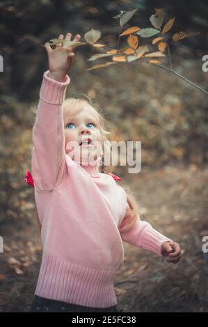 Das kleine Mädchen greift nach einem Ast Stockfoto