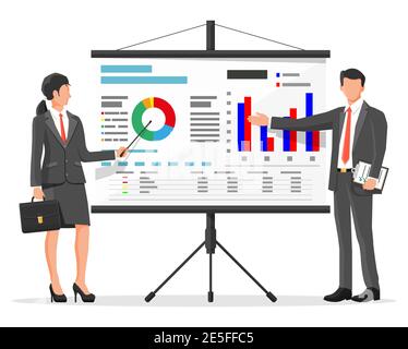 Geschäftsfrau und Geschäftsmann in Anzug geben Präsentation mit Projektor Leinwand. TV-Bildschirm mit Finanzbericht, Dozent. Schulung des Personals, Besprechung, Bericht, Business School. Flache Vektorgrafik Stock Vektor