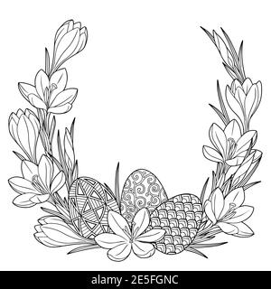 Frohe Ostern. Rahmen mit schwarzen und weißen Doodle ostereiern und Frühlingscrocus Blumen. Malbuch für Erwachsene zur Entspannung und Meditation. Vektor Stock Vektor