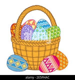 Frohe Ostern. Helle ostereier und Blumen im Korb auf weißem Hintergrund Stock Vektor