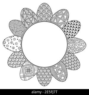 Frohe Ostern. Rahmen mit schwarzen und weißen Doodle ostereiern. Malbuch für Erwachsene zur Entspannung und Meditation. Vektor-isolierte Elemente Stock Vektor