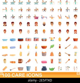 100 Pflegesymbole eingestellt. Cartoon-Illustration von 100 Pflege Symbole Vektor-Set isoliert auf weißem Hintergrund Stock Vektor