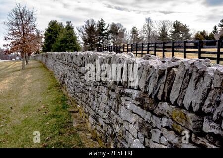 Ikonischer Steinzaun in Lexington, Kentucky Stockfoto