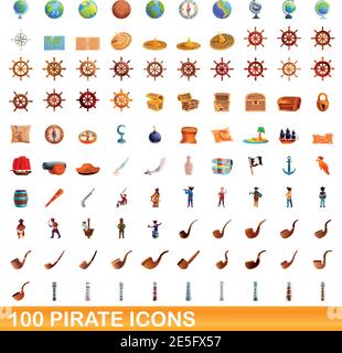 100 Pirate Icons Set. Cartoon Illustration von 100 Piraten-Symbole Vektor-Set isoliert auf weißem Hintergrund Stock Vektor