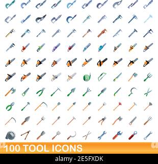 100 Werkzeugsymbole gesetzt. Cartoon Illustration von 100 Tool Icons Vektor-Set isoliert auf weißem Hintergrund Stock Vektor