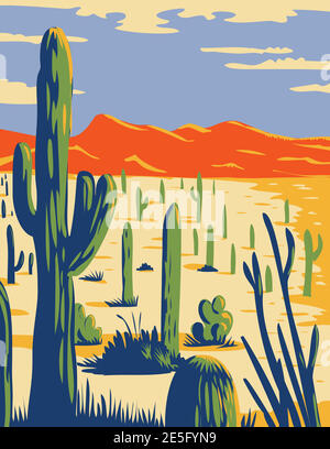 WPA Plakatkunst des Saguaro National Park mit riesigen Saguaro Kaktus wächst in Sonoran Wüste in Pima County, Arizona, USA in Works projee getan Stock Vektor