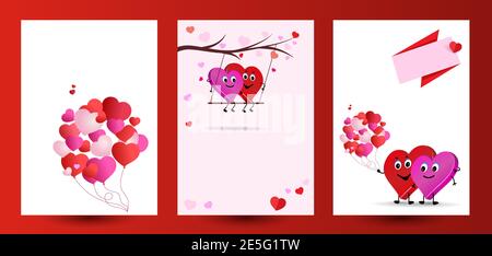 Valentinspaar. Valentinstag oder für Hochzeit. Vertikales Vorlagenposter festlegen. Niedliche Charaktere von Liebenden. Zwei liebevolle Herzen Paar. Gibt Ballons. Ve Stock Vektor