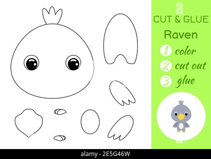 Malbuch geschnitten und kleben Baby Rabe. Pädagogische Papier Spiel für Vorschulkinder. Arbeitsblatt ausschneiden und einfügen. Farbe, Schnittteile und Kleber auf Papier. Stock Vektor